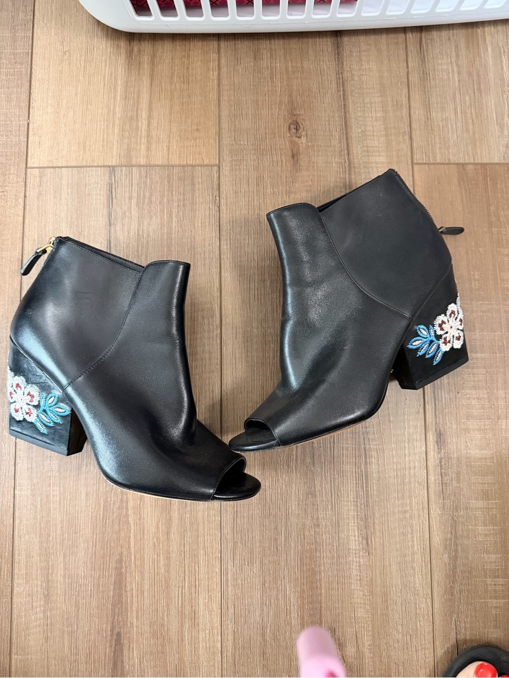 Tory Burch Black Peep-Toe Embroidered Block Heel Ankle Boots